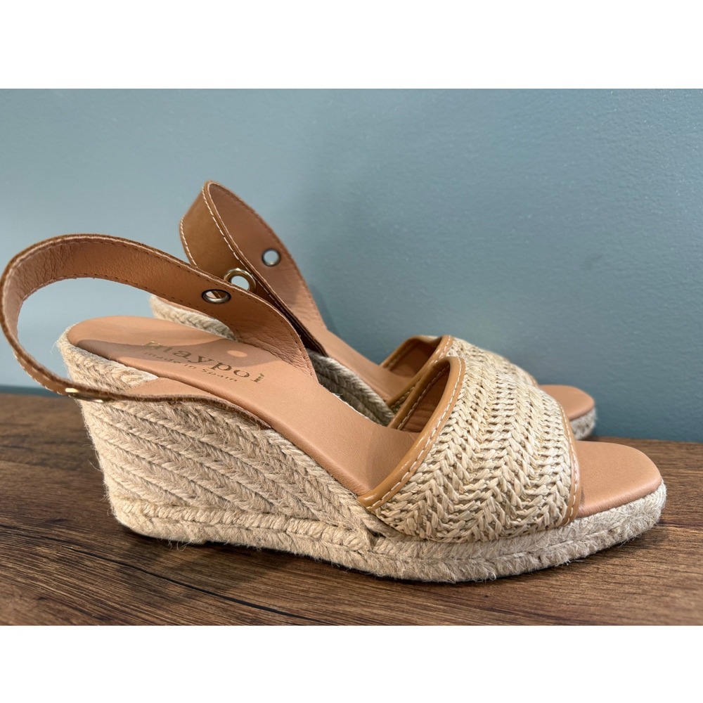 Maypol Spain Tan Leather Woven Raffia Espadrille Wedge Sandals Womens 36 Coastal